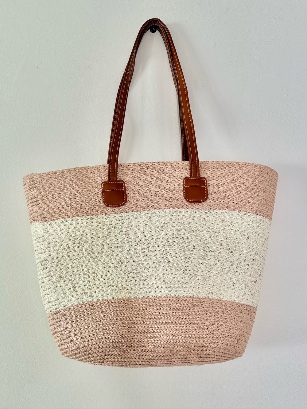 Women's Pink & Cream Weave Tote or Beach Bag Zipper Closure